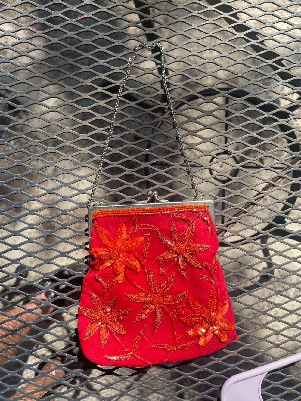Monsoon red beaded sequin floral evening bag chain strap Y2K